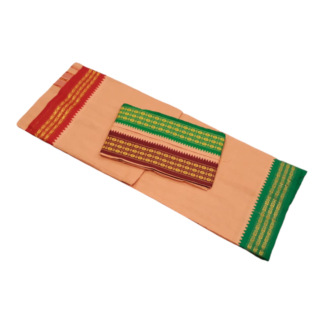 Pastel peach pure cotton korvai dhoti with Angavastram