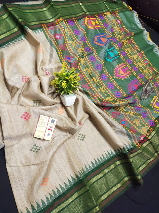 Beige and dark green pure desi tussar silk sarees