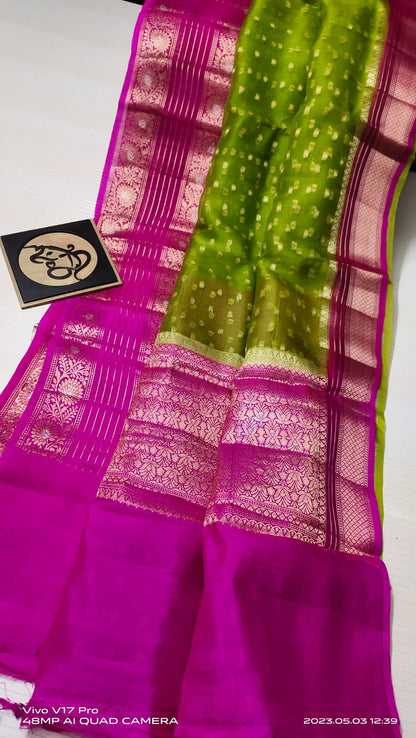 Olive green Banarasi kora organza silk sarees