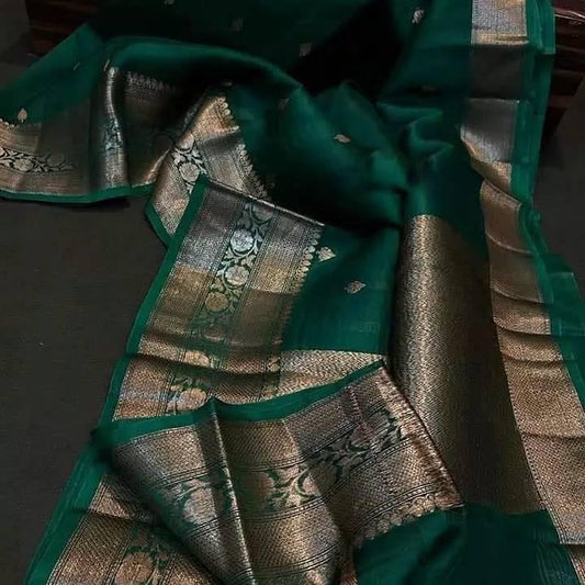 Dark green Banarasi kora organza sarees