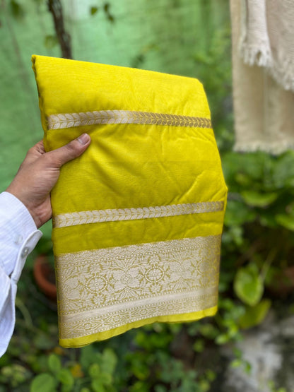 Lemon yellow Banarasi kora organza silk sarees