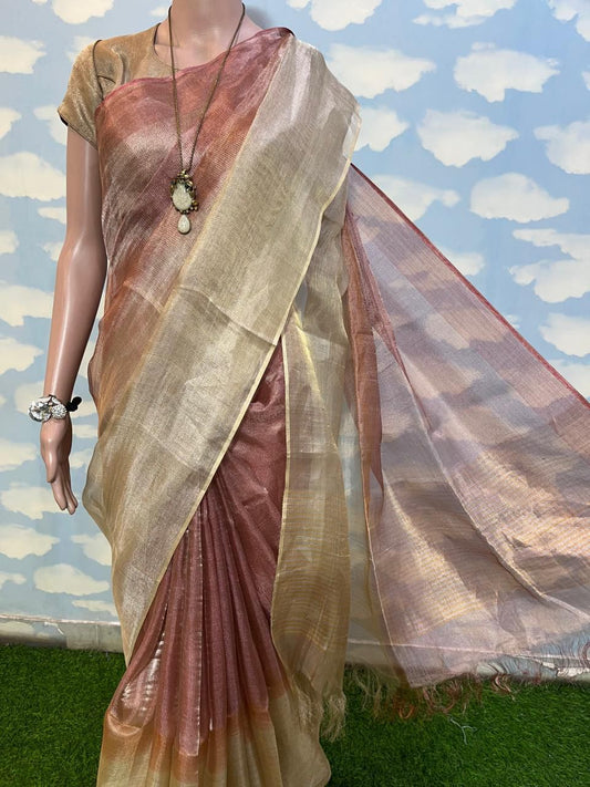 Gold and dark onion pink Pure Tussar tissue silk sarees