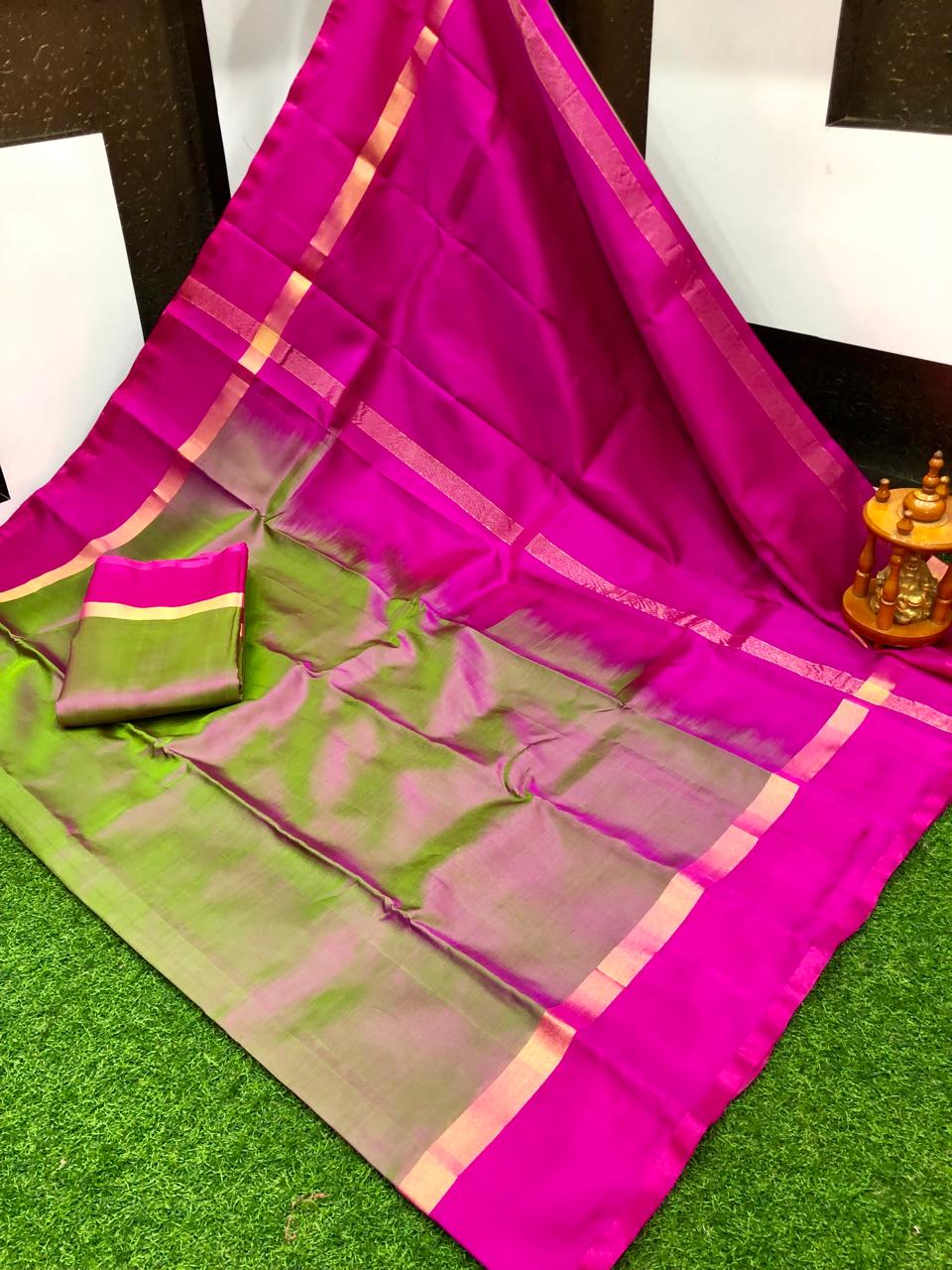 Green and pink uppada pattu plain sarees