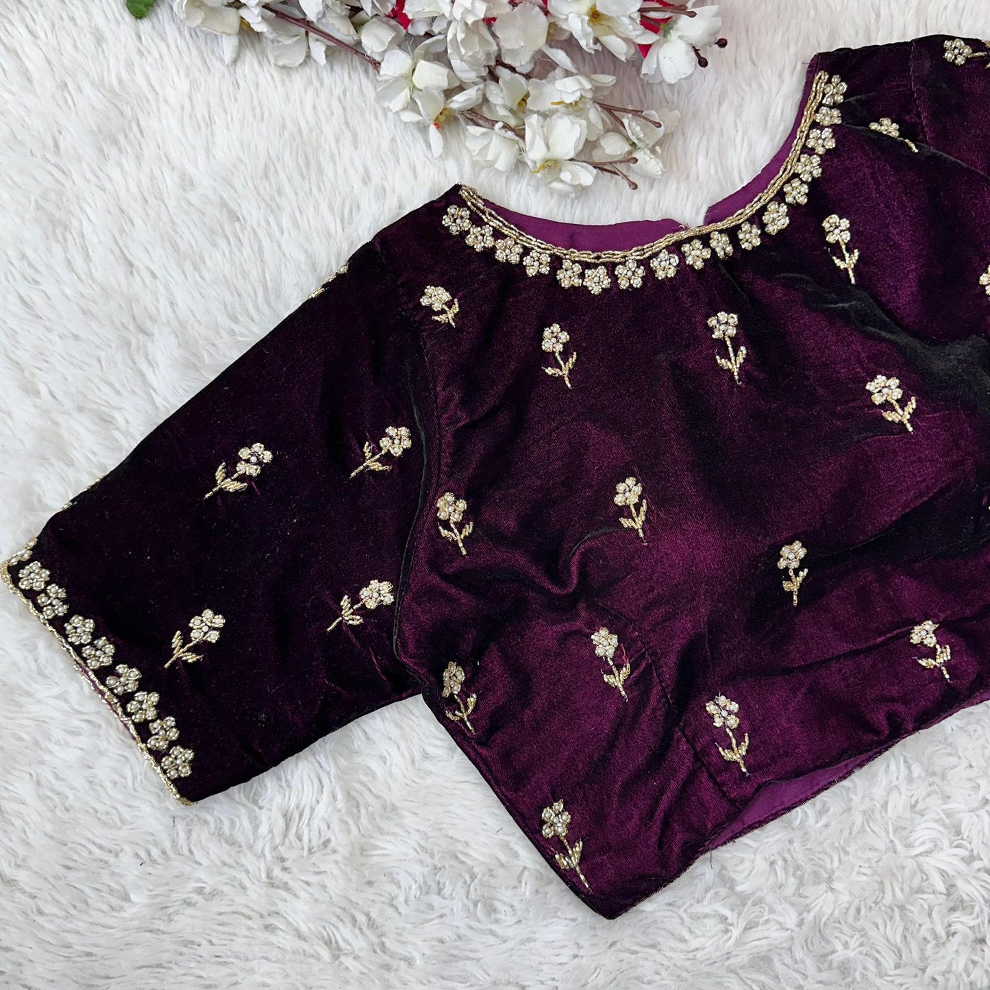 Wine readymade velvet pearl work blouse