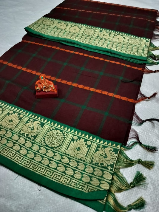 Maroon Narayanpet Cotton checks  sarees