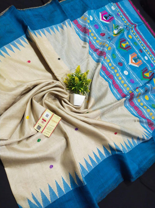 Beige and light blue pure desi tussar silk sarees