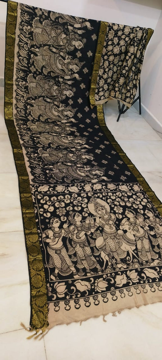 Black and white mangalagiri pen kalamkari sarees