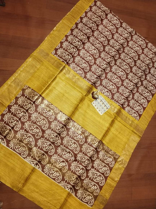 Brown with yellow Pure Tussar gicha screen print sarees