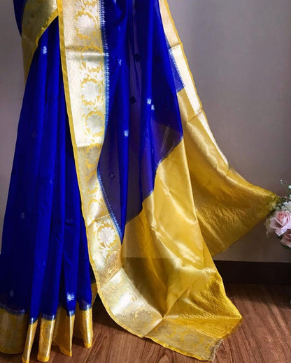 Dark blue and yellow Banarasi kora organza sarees