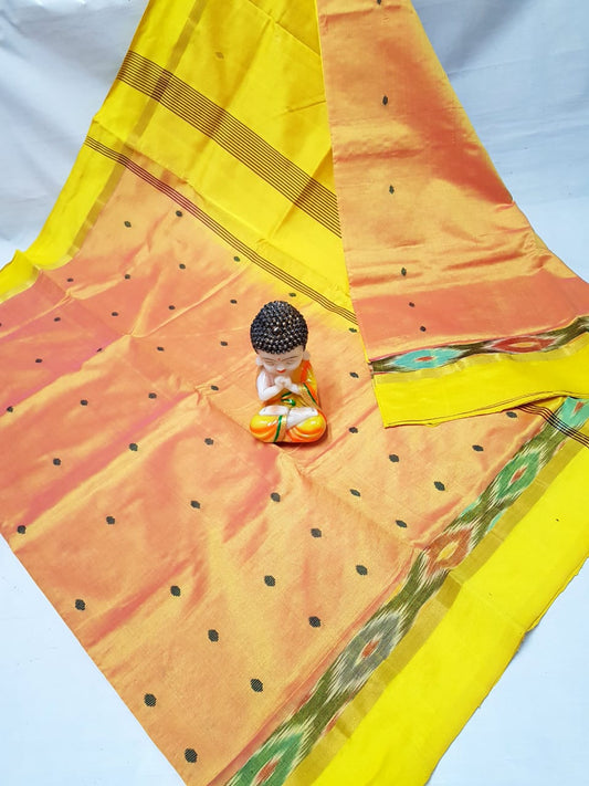 Yellow Tripura silk sarees with Pochampally border