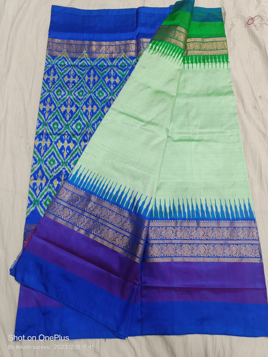 Pista green and blue ikkat silk sarees with jakat kanchi border