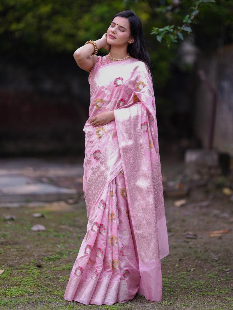 Light pink Banarasi semi georgette silk sarees