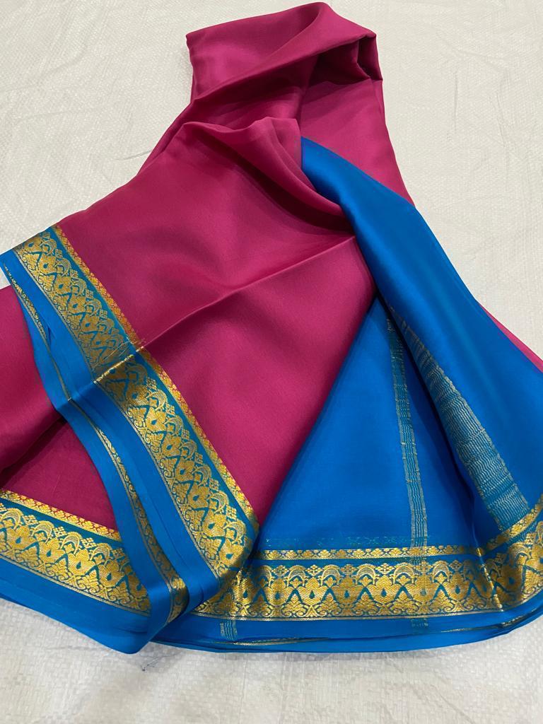 Dark pink with Sky blue Pure Mysore crepe silk sarees