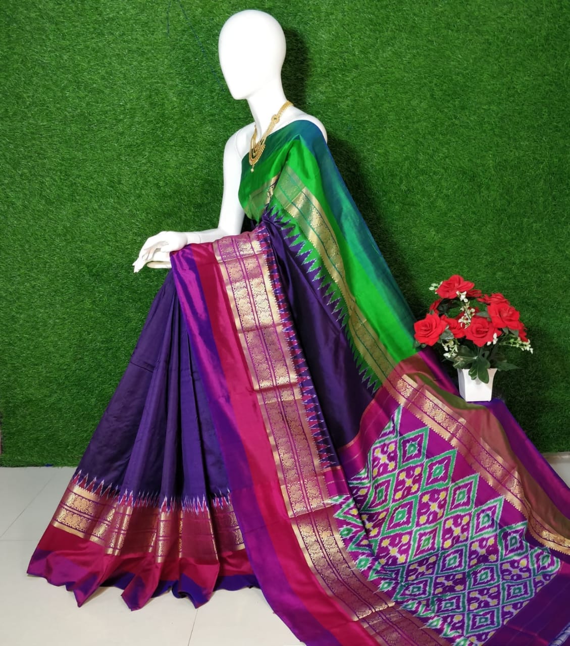 Navy Blue ikkat silk sarees with jakat kanchi border