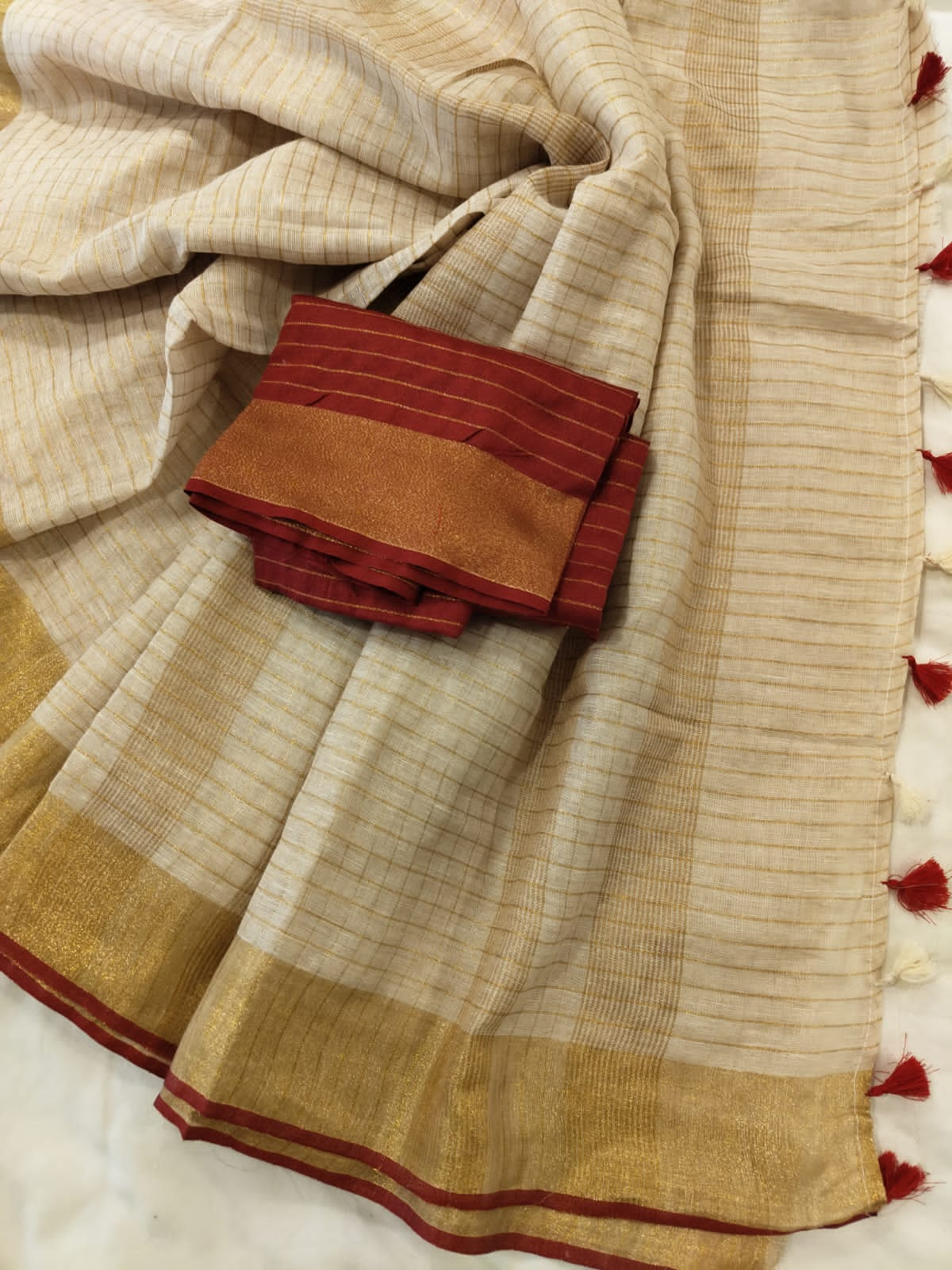 Beige linen checks sarees