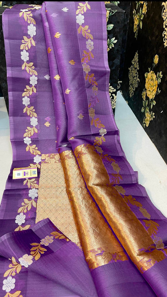 Dark purple Banarasi kora organza sarees