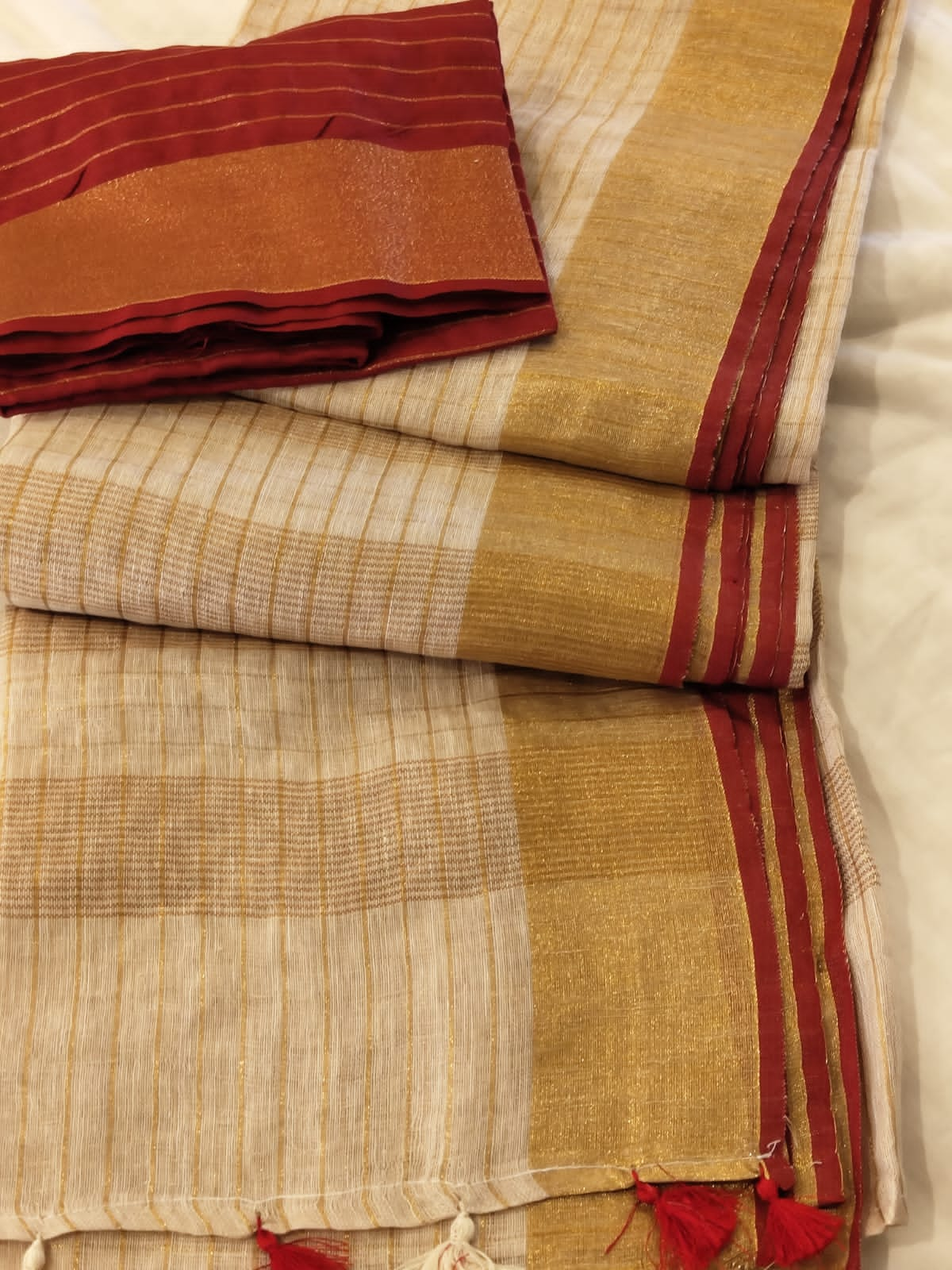 Beige linen checks sarees