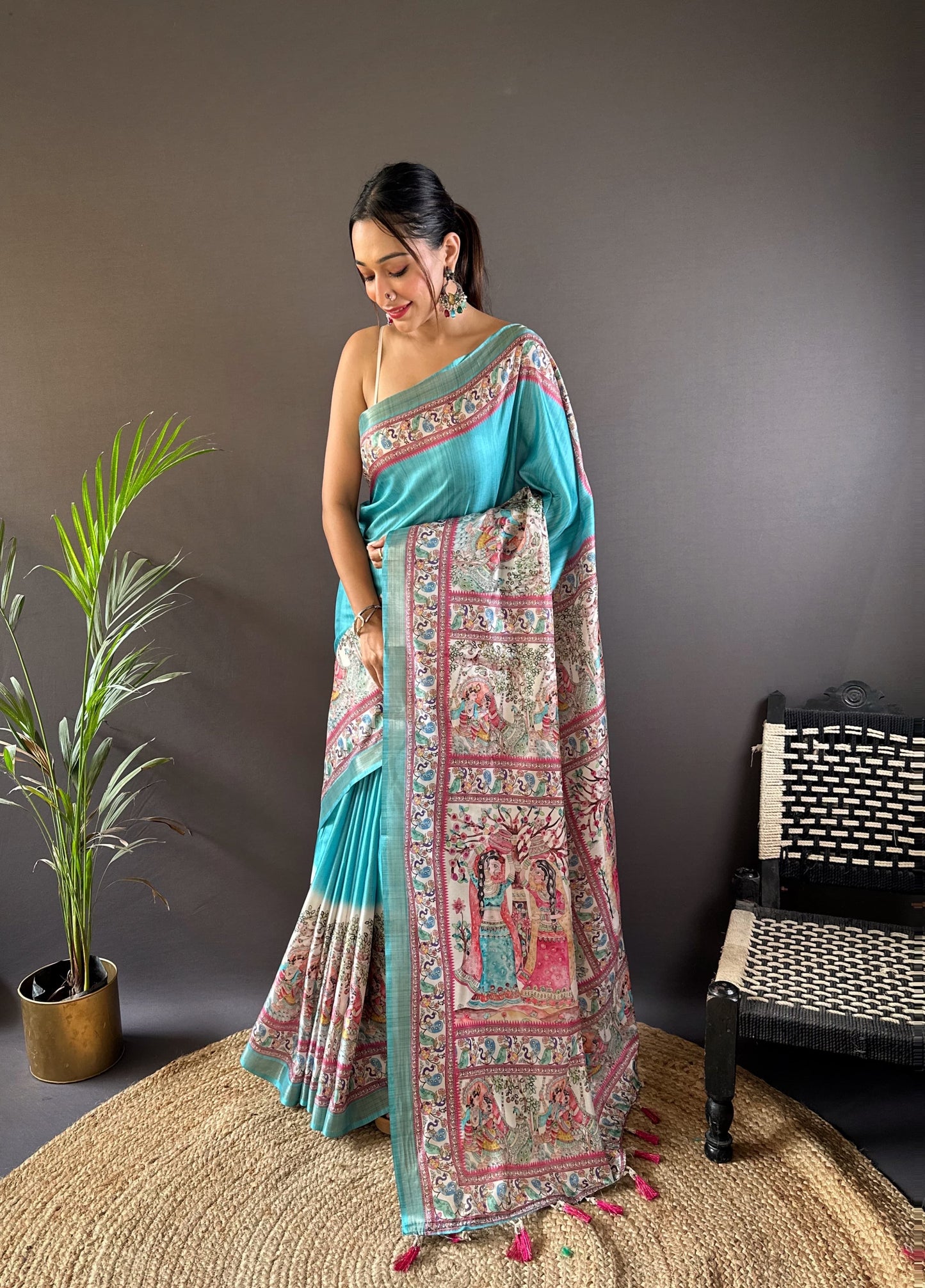 Sea blue tussar silk sarees with madhubani print