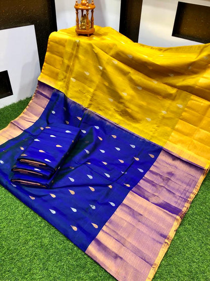 Navy blue and yellow Uppada small Jamdani butta Sarees