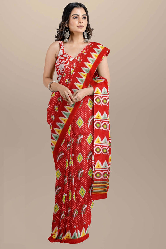 Red Handblock printed mulmul cotton sarees