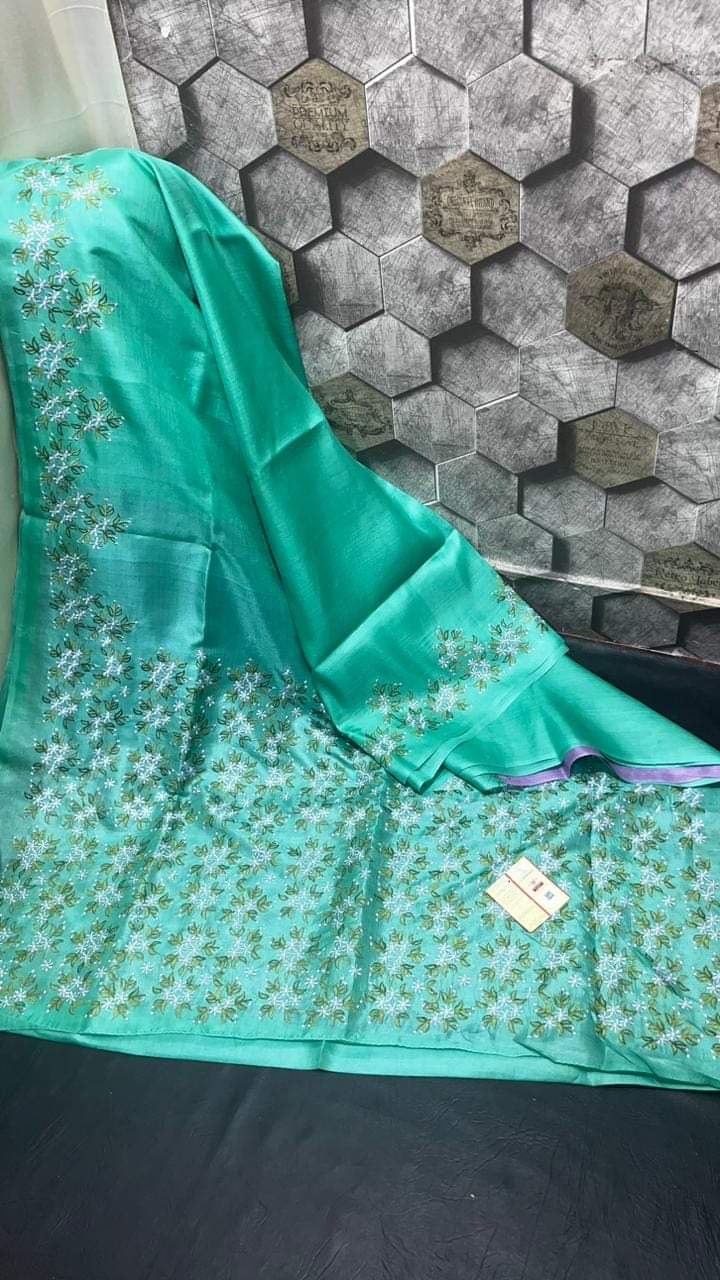 Sea green pure tussar silk embroidery sarees