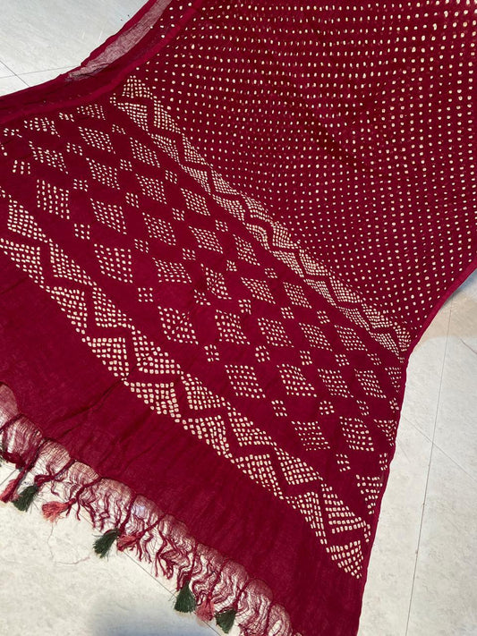 Maroon red pure linen 120 counts bandhani sarees