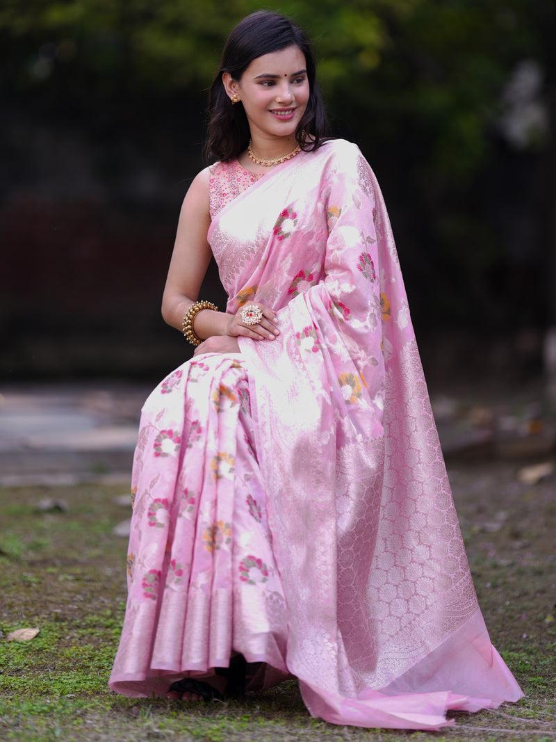 Light pink Banarasi semi georgette silk sarees