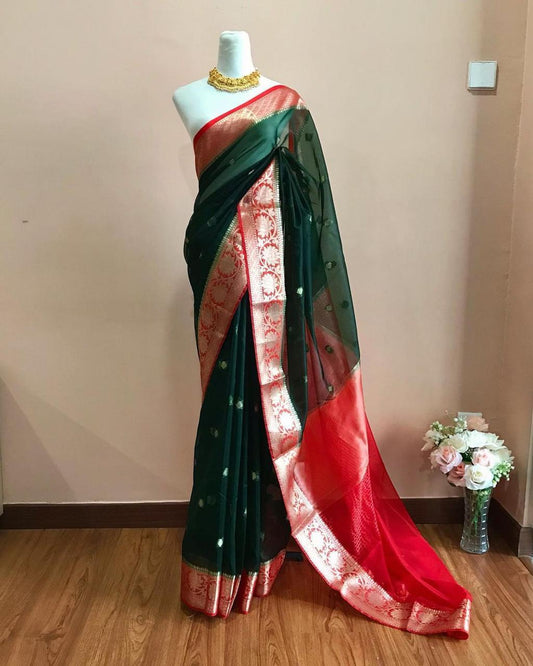 Dark green Banarasi kora organza sarees