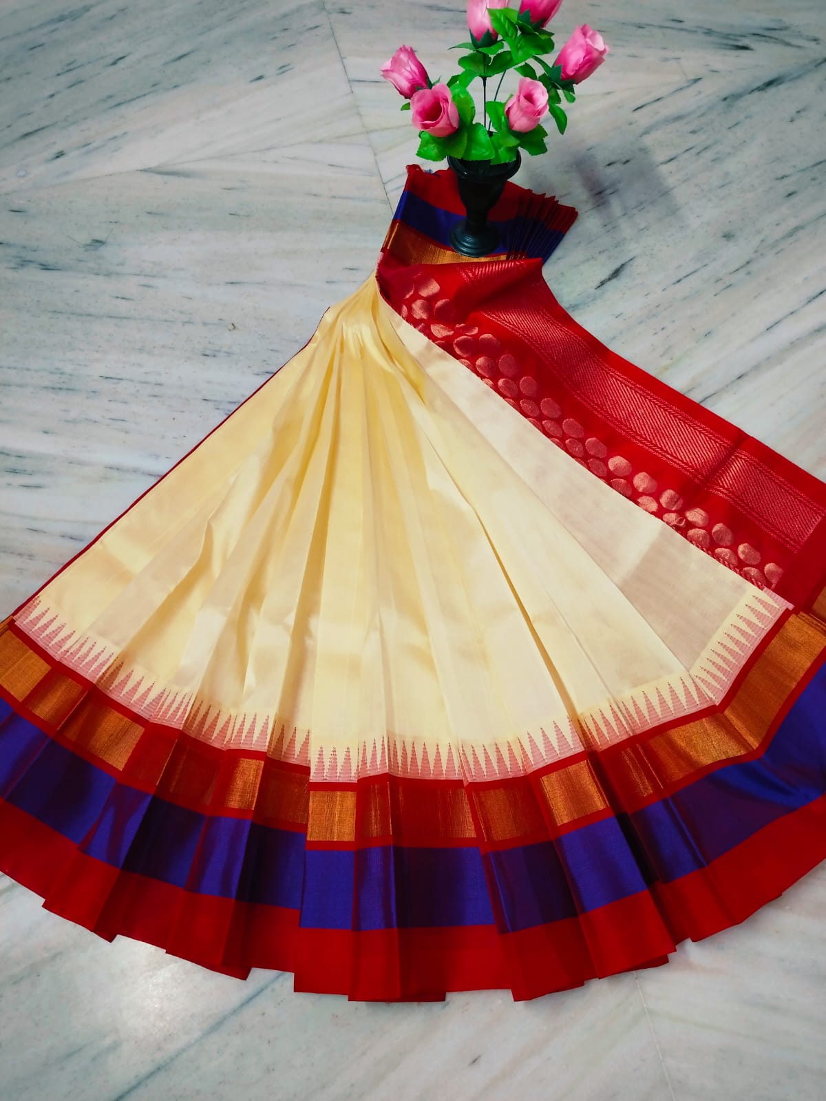 Cream and red pure handloom Kuppadam sarees