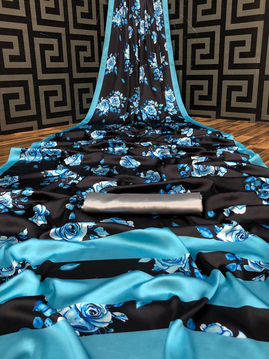 Black and blue satin silk saree