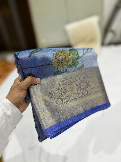 Blue banarasi Tissue silk printed sarees