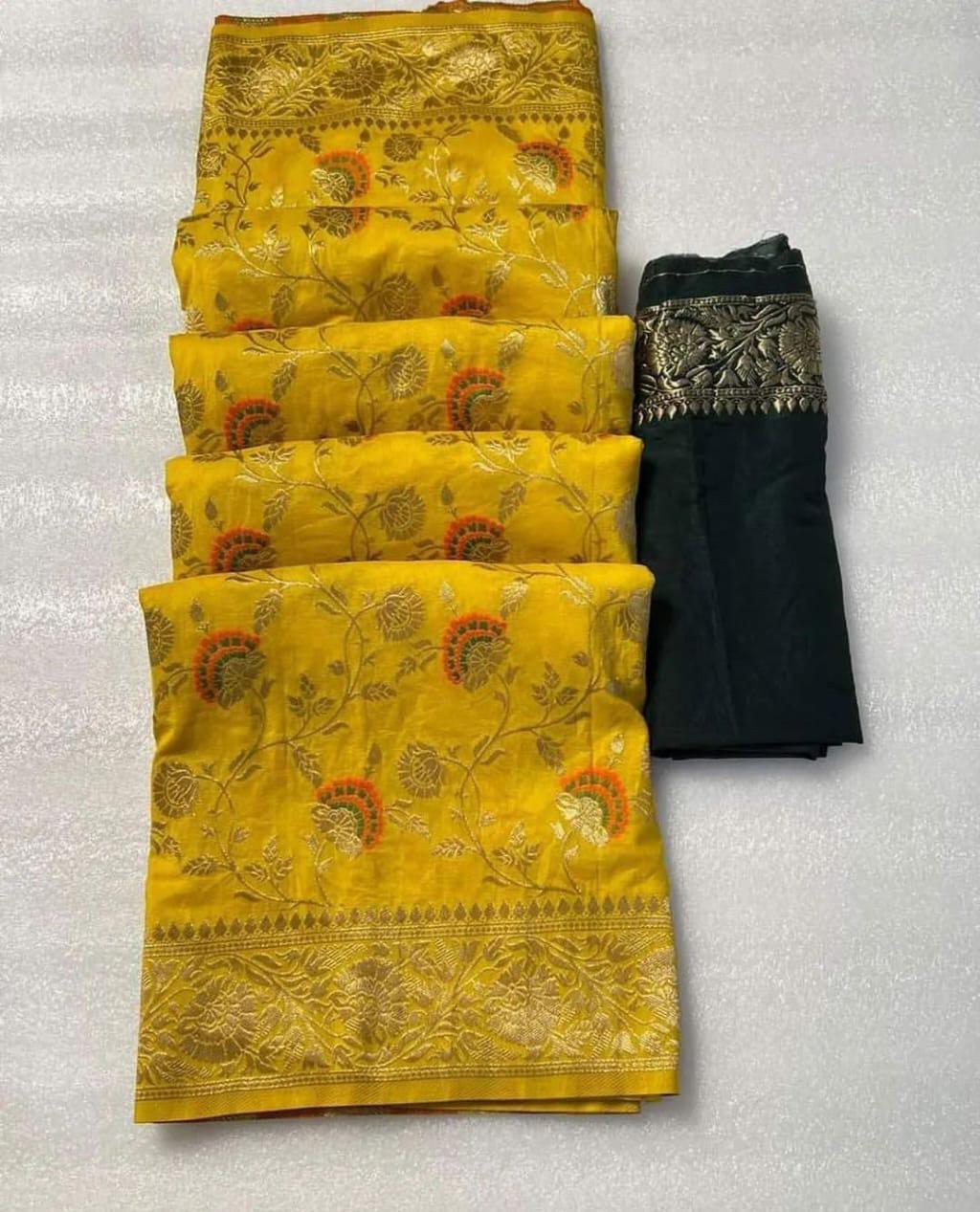 Yellow Banarasi semi georgette silk sarees