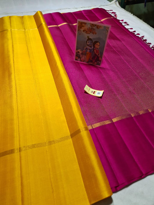 Mango yellow and pink Pure kanchipuram plain silk sarees