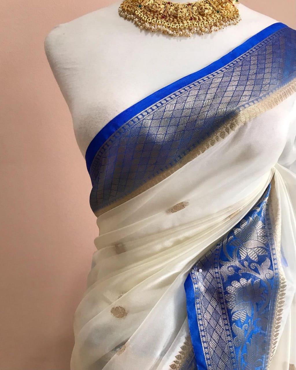 Cream with dark blue Banarasi kora organza sarees