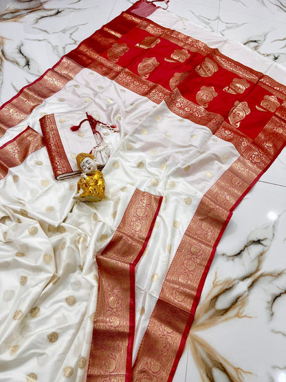 White and red Muga katan silk sarees