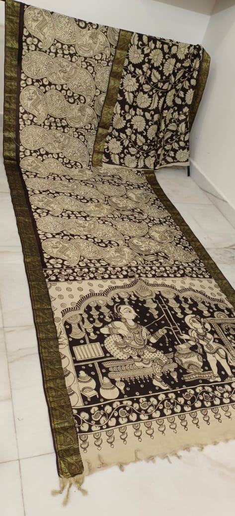 Black and white mangalagiri pen kalamkari sarees