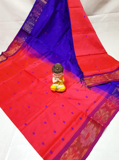 Red and blue Tripura silk sarees with Pochampally border