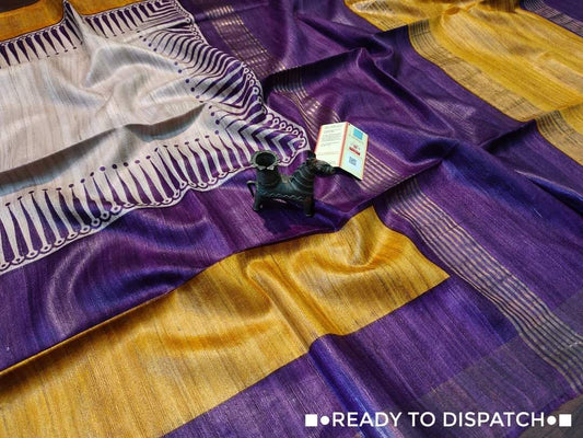 Cream with purple and yellow Pure Tussar gicha screen print sarees