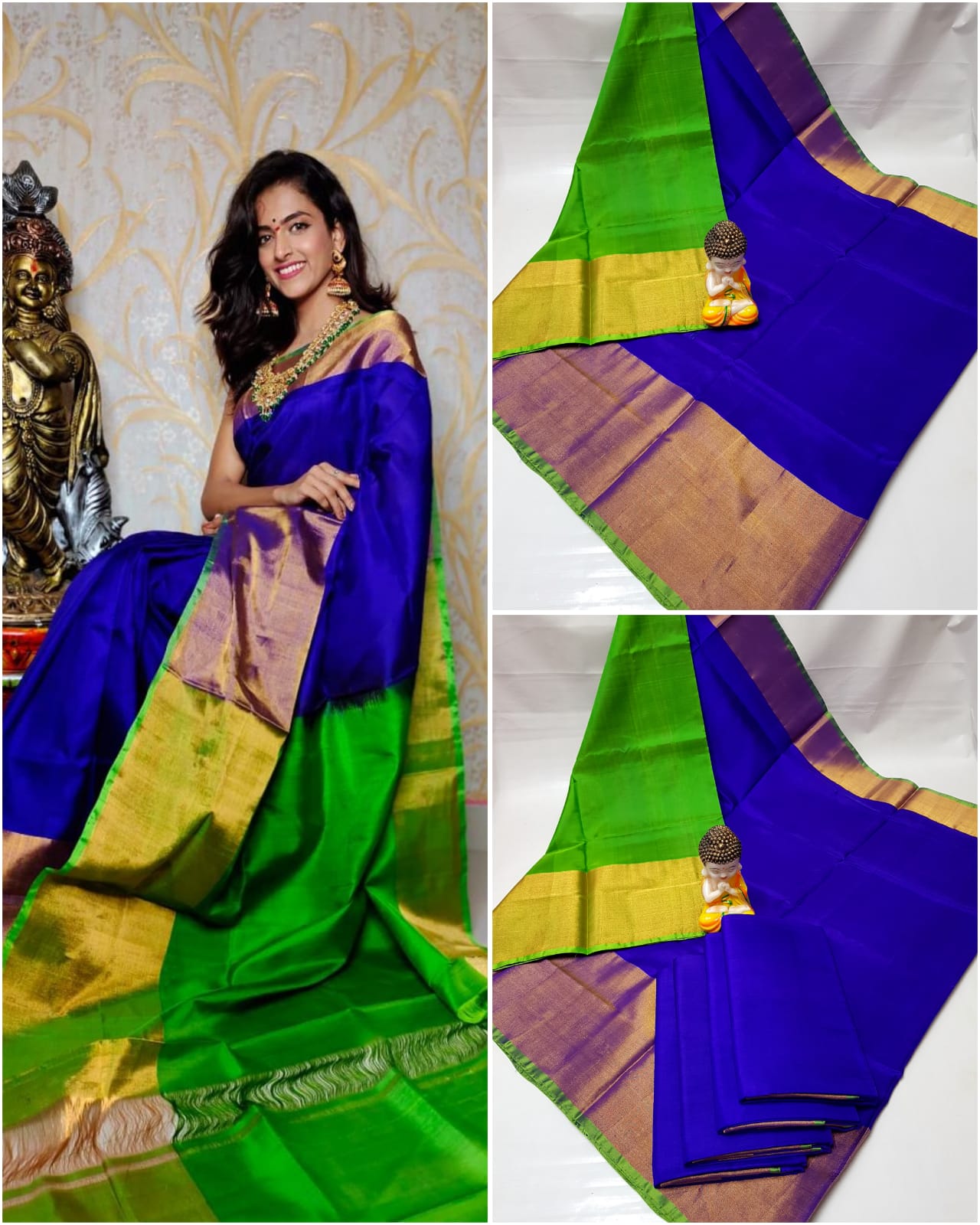 Royal blue and green Uppada big border sarees