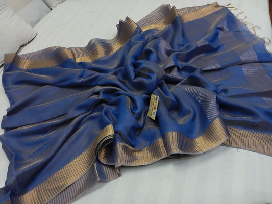 Navy Blue Pure handloom Tussar tissue silk sarees