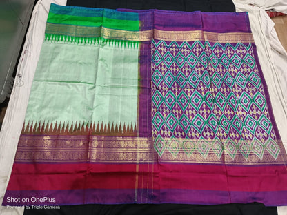 Pista green ikkat silk sarees with jakat kanchi border