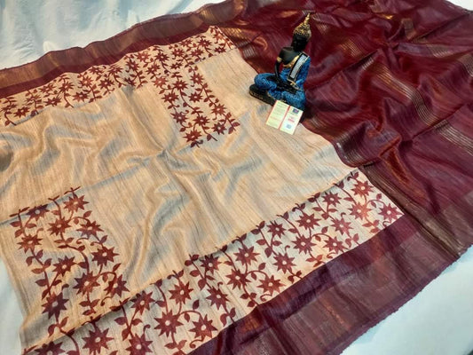 Sandal and maroon Pure Tussar gicha screen print sarees