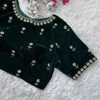 Bottle green readymade velvet pearl work blouse