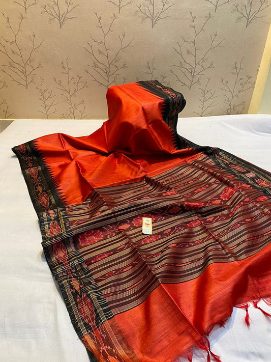 Red Pure desi tussar silk pochampally border sarees