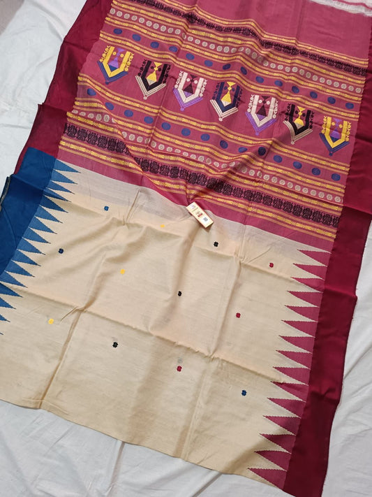 Cream with maroon red pure desi tussar silk sarees