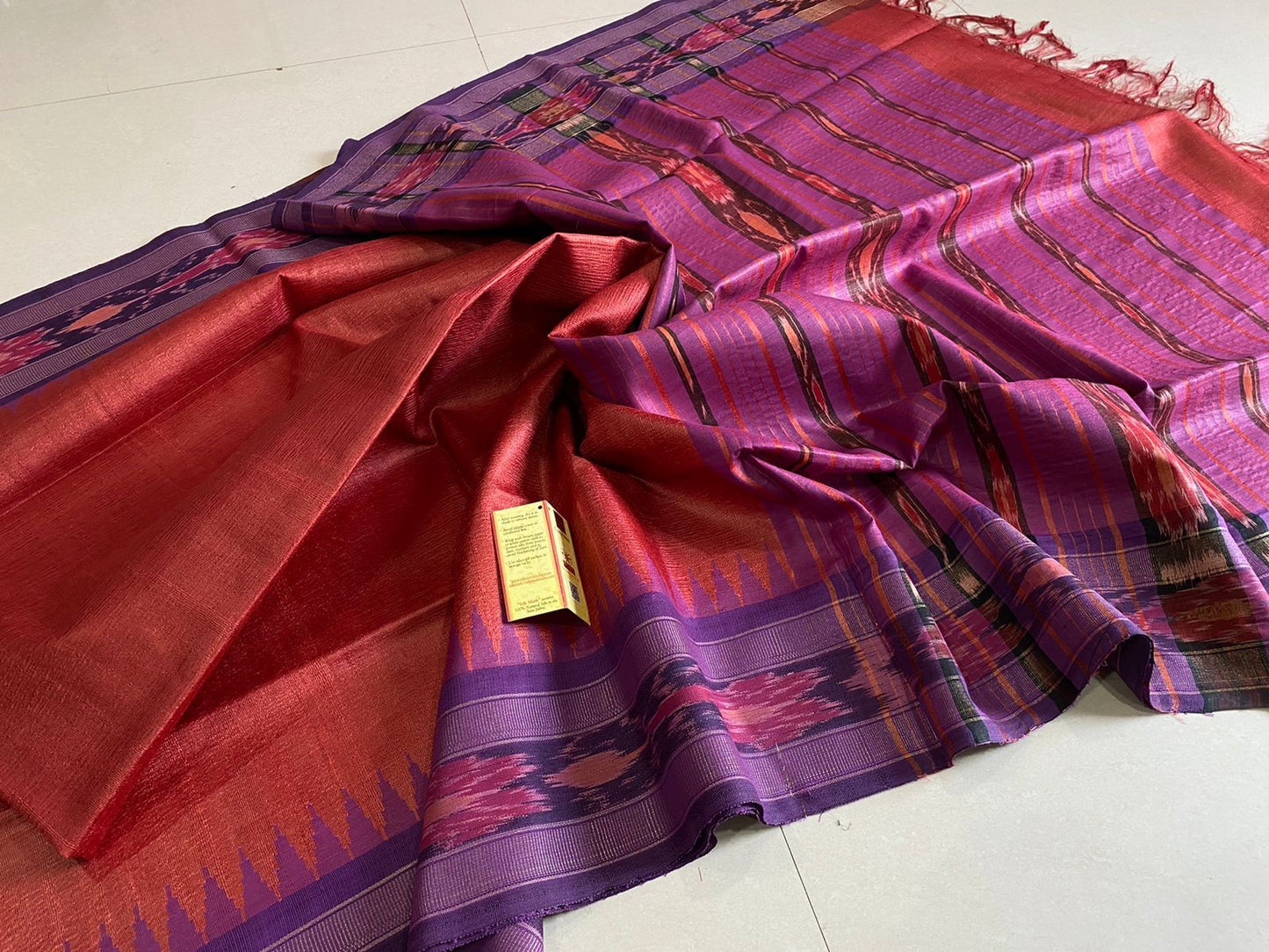 Brick red Pure desi tussar silk pochampally border sarees