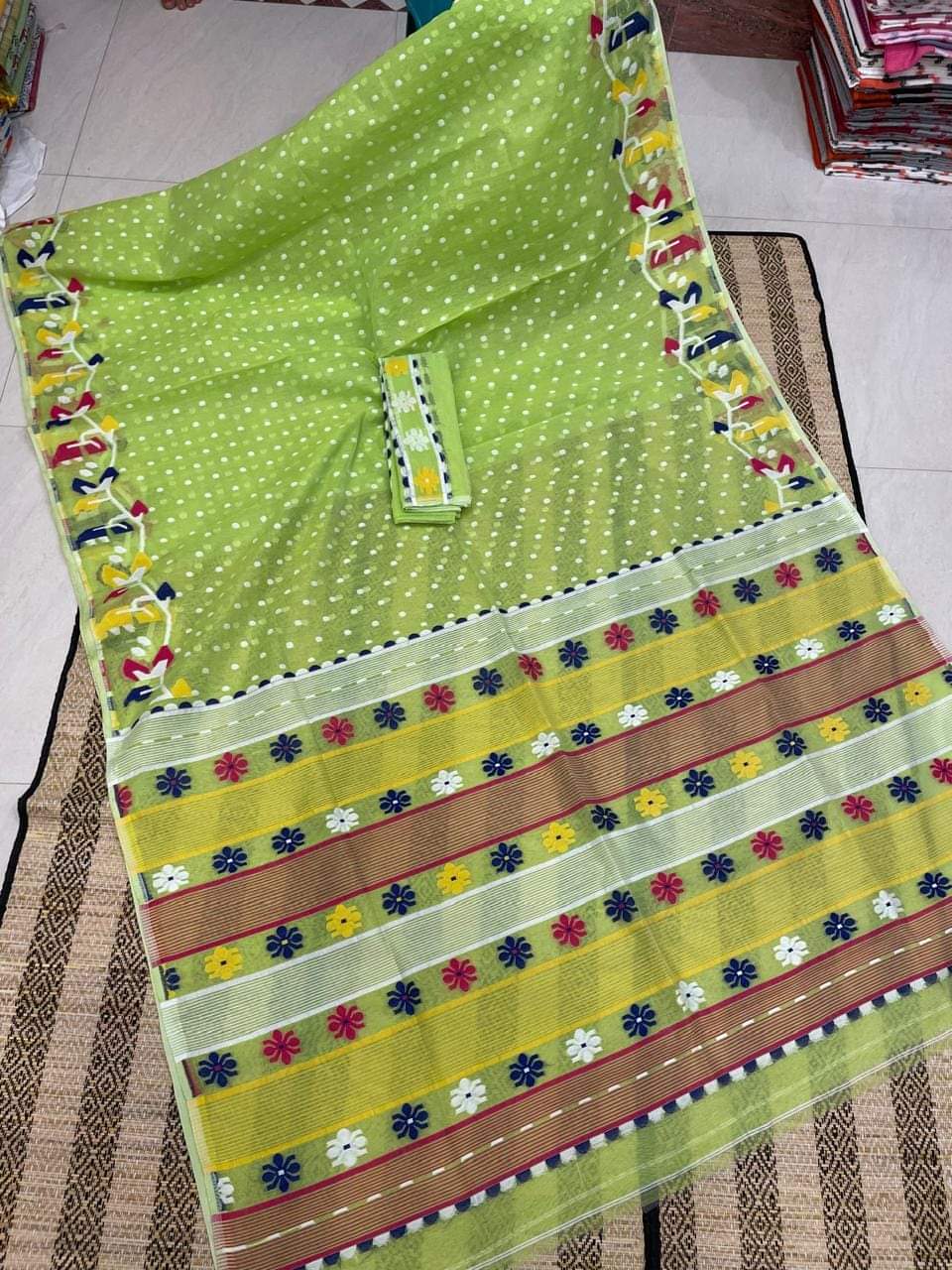 Apple green Dhakai Jamdani sarees