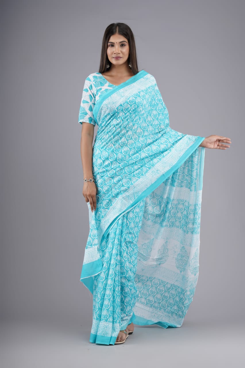 Sky blue mulmul cotton sarees