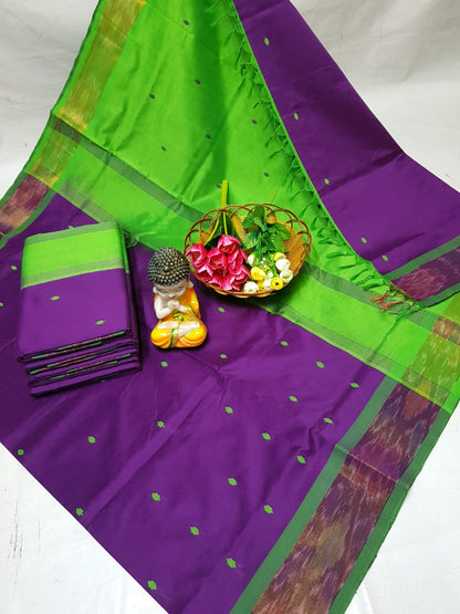 Dark purple and green Tripura silk sarees with Pochampally border