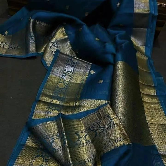 Dark peacock blue Banarasi kora organza sarees